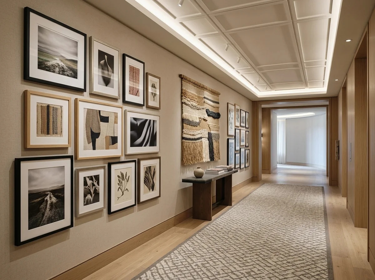 Curated art sequence in a luxury hotel corridor
