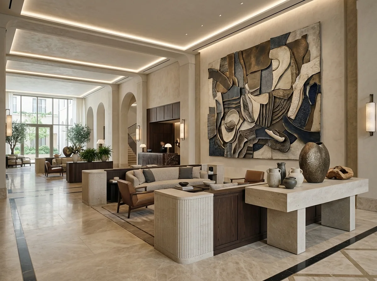 Commissioned art and decor in a hotel lobby