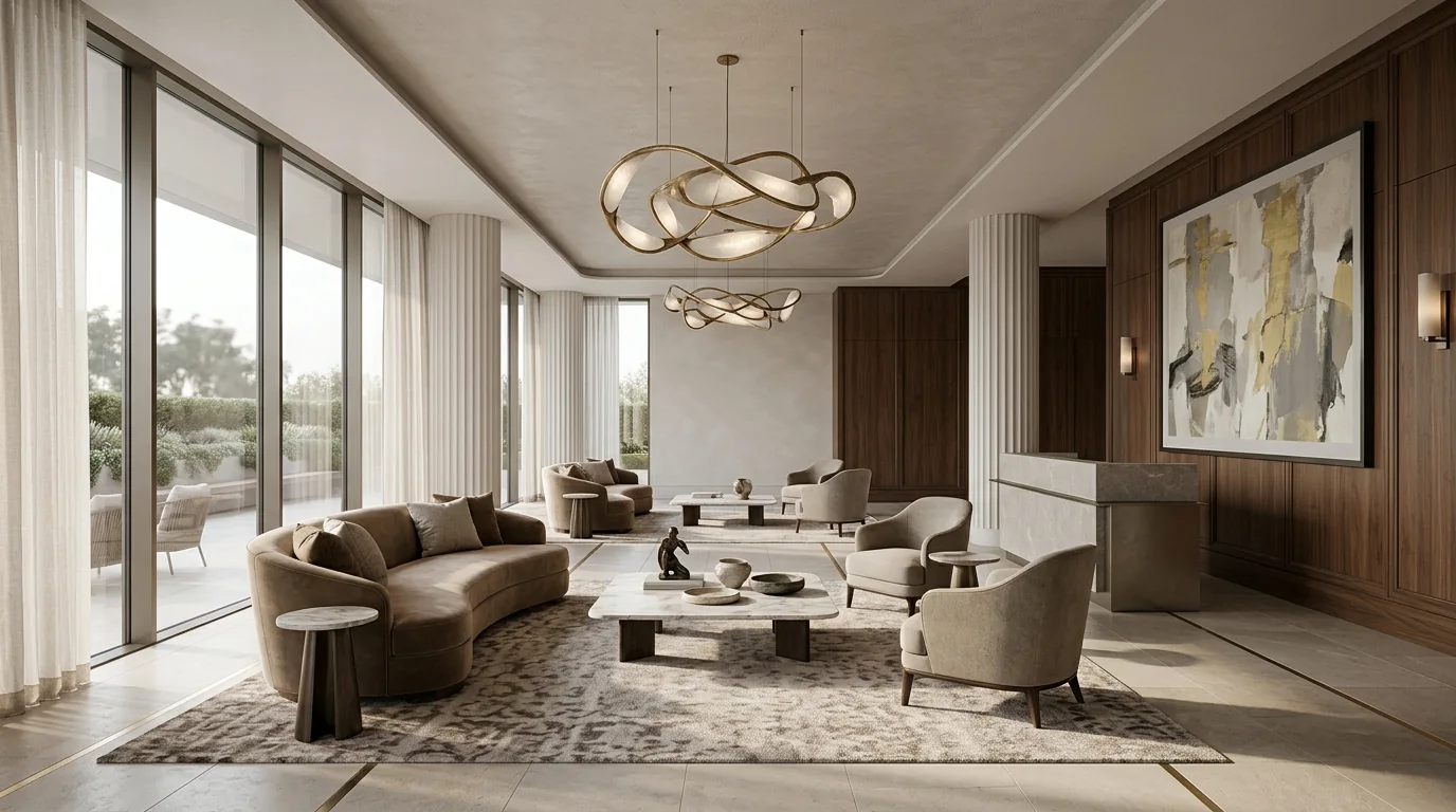 Luxury hospitality interior with coordinated FF&E, bespoke lighting, and curated art