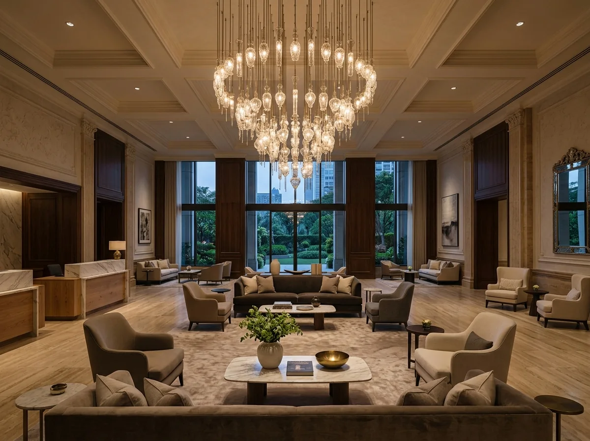 Bespoke glass chandelier in a hotel lobby